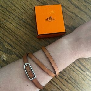 HERMÈS Paris Brown Hapi Leather Wrap Around Buckle Bracelet + Box